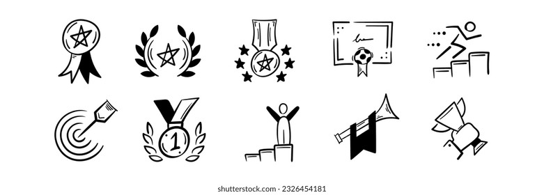 Hand drawn doodle set of success, goal, award, medal, ribbon, certificate, winner, fanfare, reward. Vector icon illustration