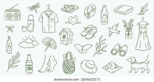 Hand drawn doodle set summer and spring motifs. summer clothes and nature. Vector sketch on soft background.