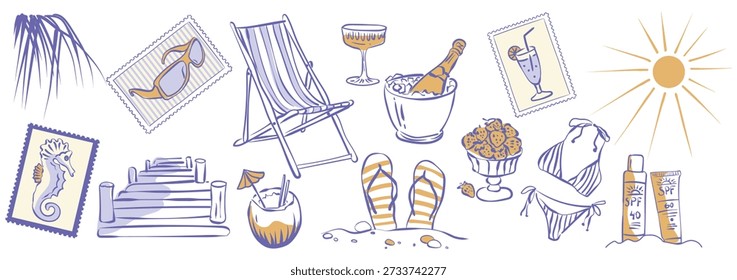 Conjunto de rabiscos desenhados à mão para férias de verão e relaxamento na praia ensolarada. Atributos e sinais de um maravilhoso protetor solar de férias, biquíni, sandálias, óculos de sol, coquetel, champanhe. Ilustração vetorial.