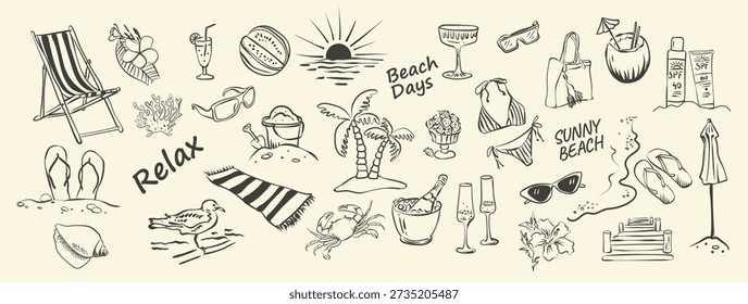 Juego de garabatos dibujado a mano para vacaciones de verano y relajación en la playa soleada. Atributos de un maravilloso protector solar de vacaciones, bikini, sandalias, gafas de sol, cóctel de champán. Perfecto para camisetas y tarjetas