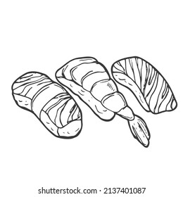 Hand drawn doodle set with sushi. Vector illustration for backgrounds, textile prints, menu, web and graphic design
