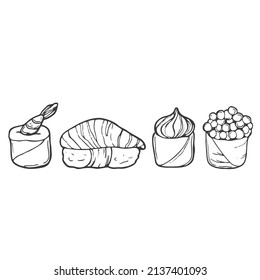 Hand drawn doodle set with sushi. Vector illustration for backgrounds, textile prints, menu, web and graphic design