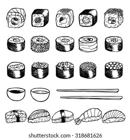 Hand drawn doodle set with sushi. Vector illustration for backgrounds, textile prints, menu, web and graphic design