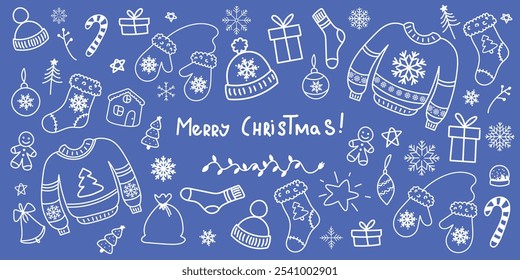 Handgezeichnetes Doodle-Set mit Pullover, Hut, Fäustlinge, Socken und anderen Weihnachts-Winterelementen auf blauem Hintergrund. Frohe Weihnachtskarte oder Banner. Vektorgrafik