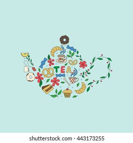 Hand drawn doodle set of sweets. drawn in the shape of a teapot