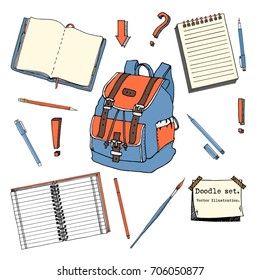 Hand drawn doodle set of teen elements isolated on white background. Back to school. Writing supplies, notebook, sticky notes, backpack in cartoon style. Design for print. Pattern. Vector illustration