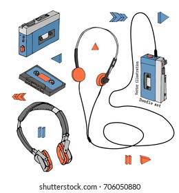 Hand drawn doodle set of teen and music elements isolated on white background. Retro audio player, cassette, headphones in cartoon style. Cool Design for print. Pattern. Vector illustration.