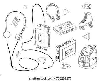 Hand drawn doodle set of teen elements isolated on white background. Retro audio player, cassette, headphones, roller skates, backpack in cartoon style. Design for print. Pattern. Vector illustration.