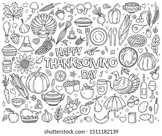 Hand drawn doodle set of Thanksgiving. Various symbols and objects: pumpkin, turkey, pie, corn and etc. Holiday illustration for postcard, banner, greeting card, poster. Vector coloring illustration.