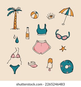 Hand drawn doodle set of travel stickers. Collection of cute doodle groovy vintage icons. Umbrella, palm, bikini, tank top, shorts, ice cream, cap, bottle, water, inflatable circle