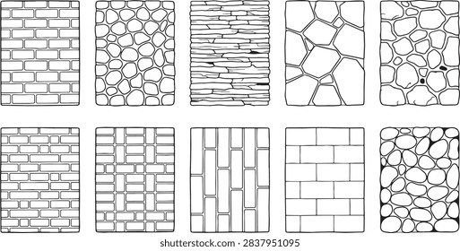 Hand drawn doodle set of various stone wall and brick textures in black line art style.