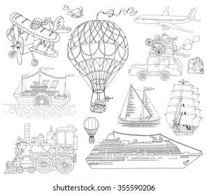 Hand drawn doodle set with various means of transport, vintage black and white line art illustration, air balloon, plane, ship, car and train. 