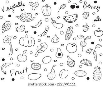 Hand drawn doodle set with vegetables, fruits, berries.
Includes black white icons of edible plants
