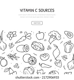 Handgezeichneter Doodle-Satz von Vitamin C-Quellen. Horizontale Banner-Vorlage. Vektorschwarz-weißer Umriss.