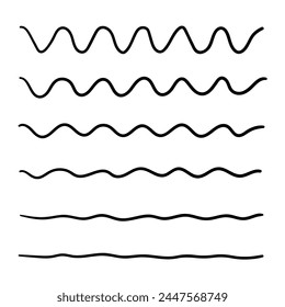 Hand drawn doodle set of wavy lines isolated on white background. Vector illustration.