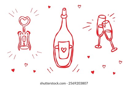 Hand drawn doodle set of wine or champagne bottle, champagne glasses, and heart shaped opener. Romantic designs, menus, gifts, Valentines Day, weddings, anniversaries, greeting cards, prints, stickers