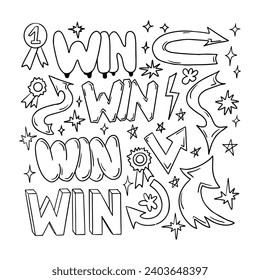 Hand drawn doodle set with word Win and arrows in retro 90s style. Clipart of outline sketchy words, arrows. Black contour signs and words in bubble, street style graffiti. Ideal for social media