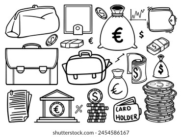 Hand drawn doodle set of world money currency vector illustration. Vector illustration market collections for business.