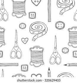 Hand drawn doodle sewing seamless pattern black and white