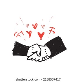 hand drawn doodle hand shake with love illustration icon isolated