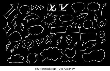 Hand drawn doodle shapes and arrows on black background. Vector illustration. Brush, highlight element, note underline