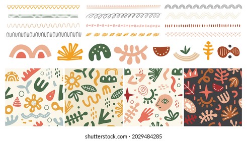 Hand drawn doodle shapes and borders. Contemporary art seamless pattern, sketch dividers vector set