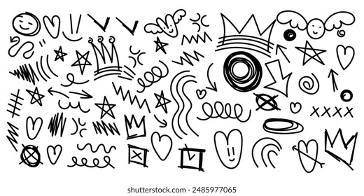 hand drawn doodle shapes collection. Hand drawn abstract scribbles and squiggles, creative various shapes, pencil drawn icons. Scribbles, scrawls, stars, crown, curly lines