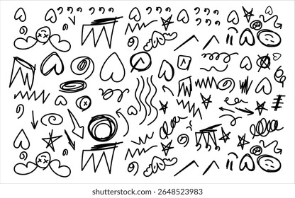 hand drawn doodle shapes collection. Hand drawn abstract scribbles and squiggles, creative various shapes, pencil drawn icons. Scribbles, scrawls, stars, crown, curly lines art