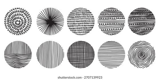 hand drawn doodle shapes round abstract black backgrounds patterns vector illustration