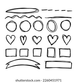 Formas de doodle dibujadas a mano con corazones, círculos, marcos cuadrados y cintas
