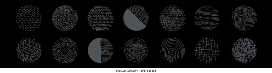 Hand drawn doodle shapes. Stamp texture. Spots, curves, lines. Vector illustration isolated on black background.  Vector EPS 10
