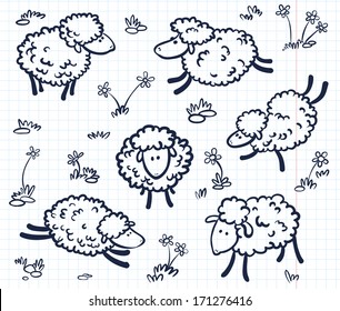 Hand drawn doodle with sheeps 