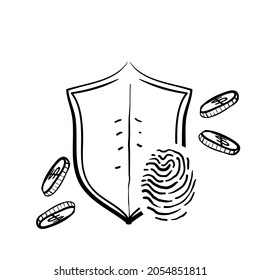 hand drawn doodle shield fingerprint money illustration vector isolated