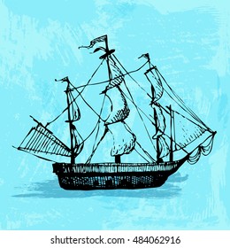 Hand drawn doodle ship. Travel, sea, pirate. Black illustration, blue watercolor background.