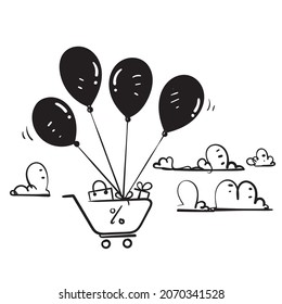 hand drawn doodle shopping bag and cart flying with black balloon illustration