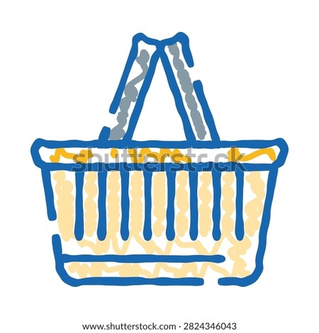 Hand drawn doodle shopping basket filled with groceries and household items, symbolizing retail purchases, consumerism, market shopping, e commerce and everyday commerce