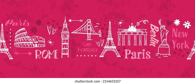 Hand drawn doodle sights seamless pattern, travel background, great for textiles, wrapping, banners, wallpapers - vector design