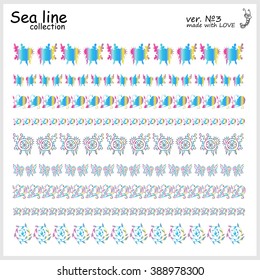 Hand drawn doodle silhouette sea lines collection. Vector border, ribbon elements for design. Seaweed, coral, leaf, fish, shell. Blue and gradient objects isolated on white background