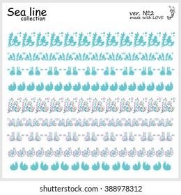 Hand drawn doodle silhouette sea lines collection. Vector border, ribbon elements for design. Seaweed, coral, leaf, fish, shell. Blue and gradient objects isolated on white background