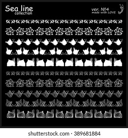 Hand drawn doodle silhouette sea lines collection. Vector border, ribbon elements for design. Seaweed, coral, leaf, fish, shell. White objects isolated on black background