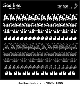 Hand drawn doodle silhouette sea lines collection. Vector border, ribbon elements for design. Seaweed, coral, leaf, fish, shell. White objects isolated on black background