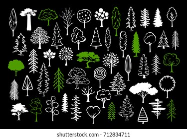 hand drawn doodle silhouette trees in different styles