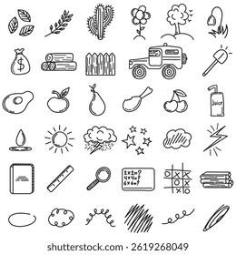 Hand drawn doodle simple elements set.  Plants, food, school, household items, weather, objects and doodles. Vector illustration isolated on white background.