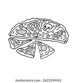 Hand drawn doodle simple pizza cut into slices, tomatoes, sliced mushrooms,champignons, sausage. Isolated on white background 