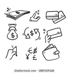 hand drawn doodle Simple Set of Money Related Icons in line art style vector isolated