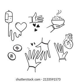 doodle dibujado a mano Simple Set de Donaciones y Charity Relacionado icono vector