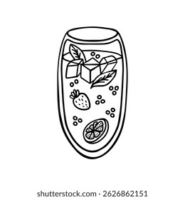 Hand drawn doodle simple summer cocktail with strawberries, citrus, mint leaf and ice cubes in glass. Isolated on white background 