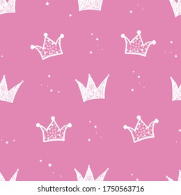Hand drawn and doodle simple white princess crown illustration. Baby shower, baby birthday, woman's day, mother's design background for fabric design seamless pattern pink background