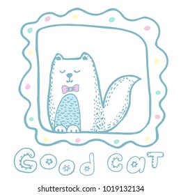 Hand drawn doodle sitting cute cat with frame icon Pets stuff and supply concept Vector illustration. Vet symbol.
