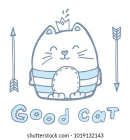 Hand drawn doodle sitting cute cat with crown icon Pets stuff and supply concept Vector illustration. Vet symbol.